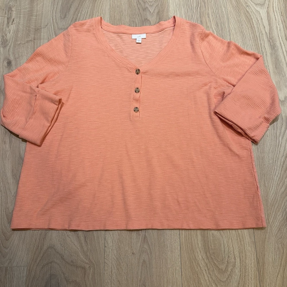 J. Jill Coral Blouse Top Women's Sz XL Texture Knit Henley 3/4 Sleeve Beach Boho
